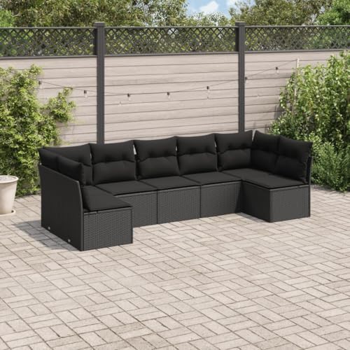 LVHUIDEH 7er Set Gartenmöbel, Garten-Sofagarnitur mit Kissen, Sitzgruppe, Wetterfest, Terassenmöbel für Garten Terrasse Balkon, Schwarz Poly Rattan von LVHUIDEH