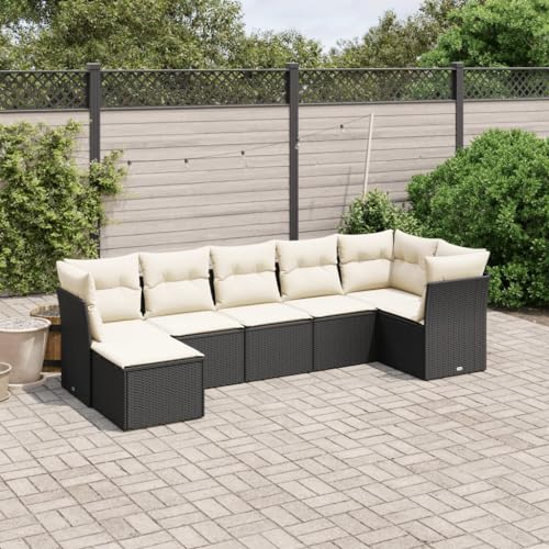 LVHUIDEH 7er Set Gartenmöbel, Garten-Sofagarnitur mit Kissen, Sitzgruppe, Wetterfest, Terassenmöbel für Garten Terrasse Balkon, Schwarz Poly Rattan von LVHUIDEH