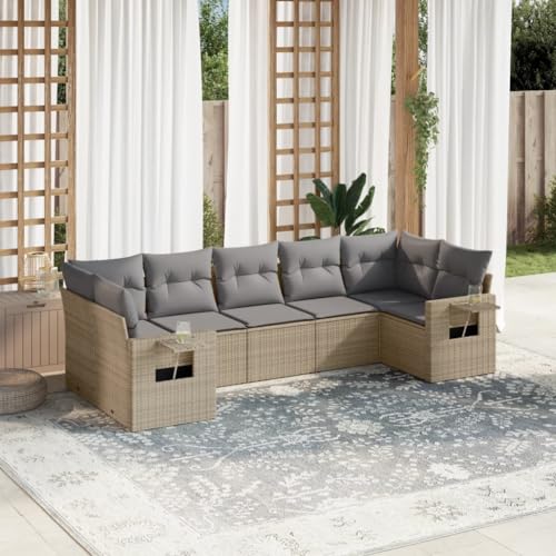 LVHUIDEH 7er Set Gartenmöbel, Garten-Sofagarnitur mit Kissen, Sitzgruppe, Wetterfest Terassenmöbel, Beige Poly Rattan von LVHUIDEH