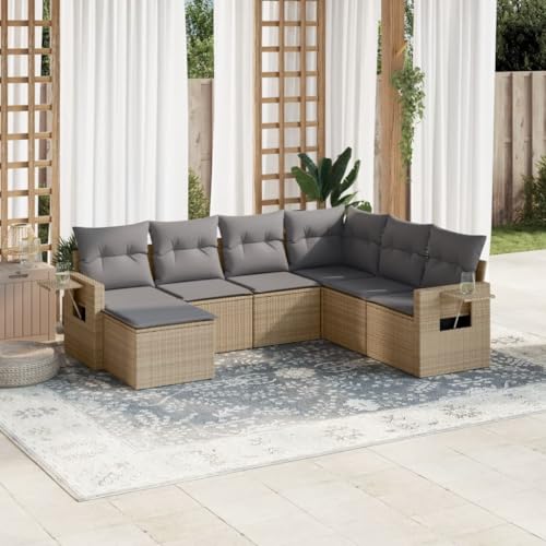 LVHUIDEH 7er Set Gartenmöbel, Garten-Sofagarnitur mit Kissen, Sitzgruppe, Wetterfest Terassenmöbel, Beige Poly Rattan von LVHUIDEH