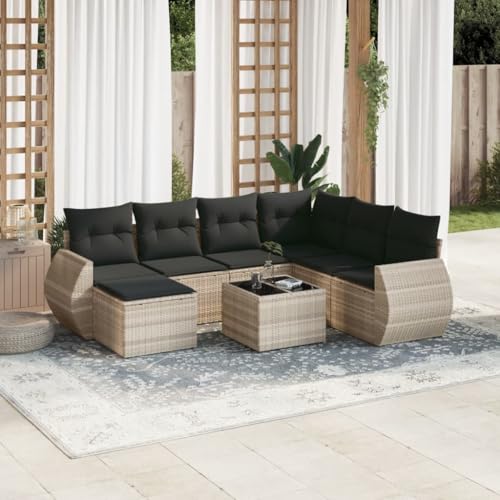 LVHUIDEH 8er Set Gartenmöbel, Garten-Sofagarnitur mit Kissen, Sitzgruppe, Wetterfest Terassenmöbel, Hellgrau Poly Rattan von LVHUIDEH