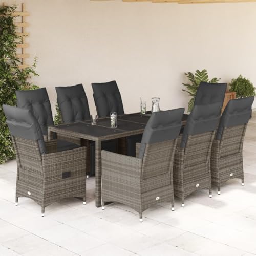 LVHUIDEH 9er Set Gartenmöbel, Garten-Bistro-Set mit Kissen, Sitzgruppe, Wetterfest, Terassenmöbel für Garten Terrasse Balkon, Grau Poly Rattan von LVHUIDEH