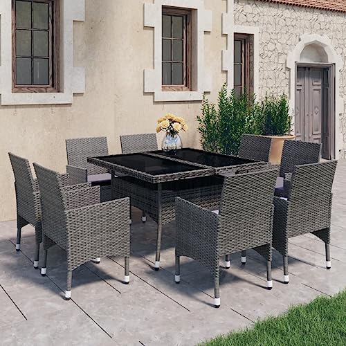 LVHUIDEH 9er Set Gartenmöbel, Garten-Essgruppe, Sitzgruppe, Wetterfest, Terassenmöbel für Garten Terrasse Balkon, Poly Rattan und Glas Grau von LVHUIDEH