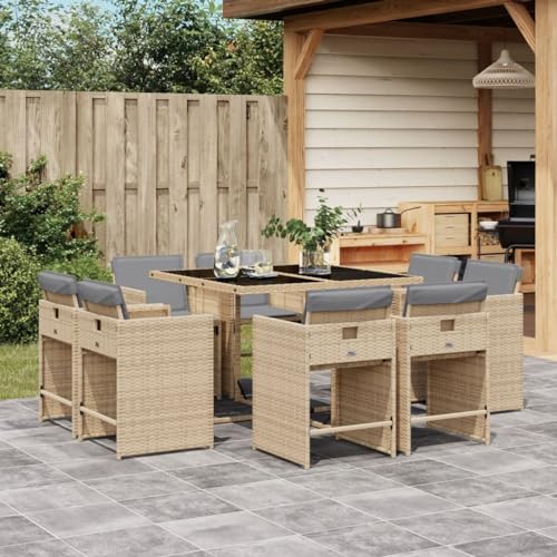 LVHUIDEH 9er Set Gartenmöbel, Garten-Essgruppe mit Kissen, Sitzgruppe, Wetterfest, Terassenmöbel für Garten Terrasse Balkon, Beigemischung Poly Rattan von LVHUIDEH