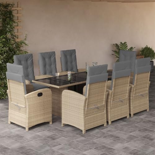 LVHUIDEH 9er Set Gartenmöbel, Garten-Essgruppe mit Kissen, Sitzgruppe, Wetterfest, Terassenmöbel für Garten Terrasse Balkon, Beigemischung Poly Rattan von LVHUIDEH