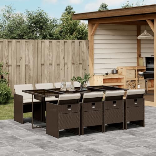 LVHUIDEH 9er Set Gartenmöbel, Garten-Essgruppe mit Kissen, Sitzgruppe, Wetterfest, Terassenmöbel für Garten Terrasse Balkon, Braun Poly Rattan von LVHUIDEH