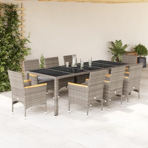 LVHUIDEH 9er Set Gartenmöbel, Garten-Essgruppe mit Kissen, Sitzgruppe, Wetterfest, Terassenmöbel für Garten Terrasse Balkon, Grau Poly Rattan und Glas von LVHUIDEH