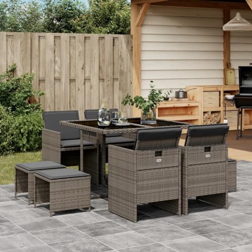 LVHUIDEH 9er Set Gartenmöbel, Garten-Essgruppe mit Kissen, Sitzgruppe, Wetterfest, Terassenmöbel für Garten Terrasse Balkon, Grau Poly Rattan von LVHUIDEH