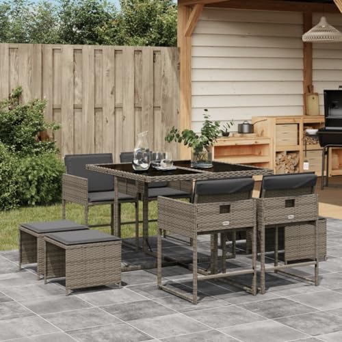 LVHUIDEH 9er Set Gartenmöbel, Garten-Essgruppe mit Kissen, Sitzgruppe, Wetterfest, Terassenmöbel für Garten Terrasse Balkon, Grau Poly Rattan von LVHUIDEH