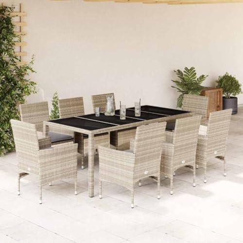 LVHUIDEH 9er Set Gartenmöbel, Garten-Essgruppe mit Kissen, Sitzgruppe, Wetterfest, Terassenmöbel für Garten Terrasse Balkon, Hellgrau Poly Rattan & Glas von LVHUIDEH
