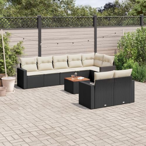 LVHUIDEH 9er Set Gartenmöbel, Garten-Sofagarnitur mit Kissen, Sitzgruppe, Wetterfest, Terassenmöbel für Garten Terrasse Balkon, Schwarz Poly Rattan von LVHUIDEH