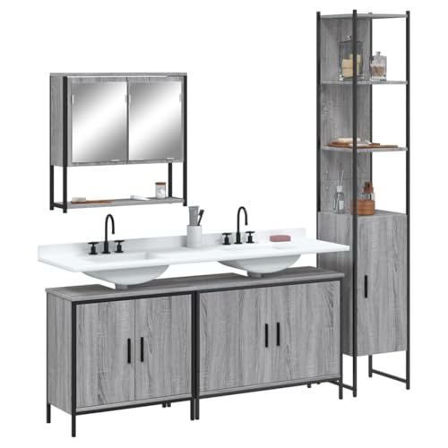 LVHUIDEH Badmöbel-Set(2 x Waschbeckenunterschrank + Hochschrank + Spiegelschrank Kombination), Moderner Stil, 4er Set, 80 x 30 x 60 cm, Holzwerkstoff + Pulverbeschichteter Stahl + Glas von LVHUIDEH