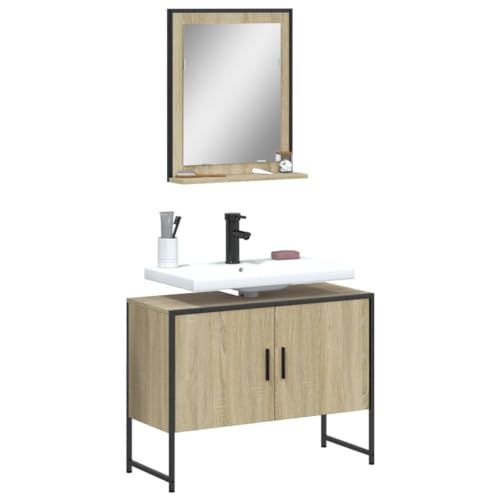 LVHUIDEH Badmöbel-Set(Waschbeckenunterschrank + Spiegel Kombination), Moderner Stil, 2er Set, 80 x 33 x 60 cm, Holzwerkstoff + Pulverbeschichteter Stahl + Glas von LVHUIDEH