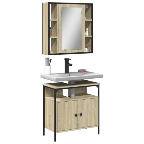 LVHUIDEH Badmöbel-Set(Waschbeckenunterschrank + Spiegelschrank Kombination), 2er Set, 60 x 30 x 60 cm, Holzwerkstoff + Pulverbeschichteter Stahl + Glas von LVHUIDEH
