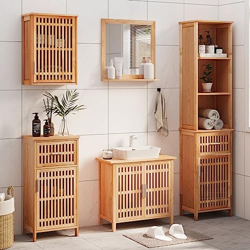 LVHUIDEH Badmöbel-Set(Waschbeckenunterschrank + Standschrank + Wandschrank + Hochschrank + Spiegel Kombination), Moderner Stil, 5er Set, 66 x 29 x 61.5 cm, Massivholz Nussbaum von LVHUIDEH