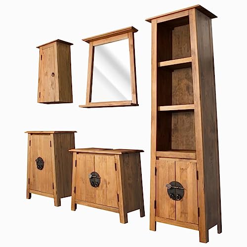 LVHUIDEH Badmöbel-Set - Badezimmermöbel Set(Waschtischunterschrank,Hochschrank,Beistellschrank,Spiegel,Wandschrank Kombination), Retro-Stil, 5er Set, 70 x 32 x 63 cm, Massivholz Kiefer von LVHUIDEH