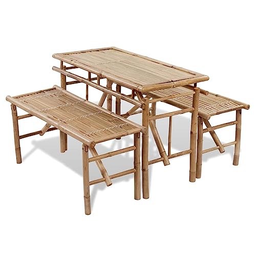 LVHUIDEH Bierzeltgarnitur Klappbar Stabil 3er Set 1 Tisch und 2 Bänke Bambus Biertischgarnitur Festzeltgarnitur Biergarten Biergarnitur 100 x 50 x 70 cm von LVHUIDEH