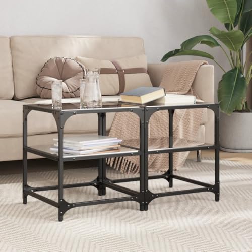 LVHUIDEH Couchtisch für Wohnzimmer Schlafzimmer oder Büro, 2er Set, Sofatisch, Wohnzimmertisch mit Glasplatte, Beistelltisch, 40 x 40 x 45 cm, Stahl und Glas von LVHUIDEH