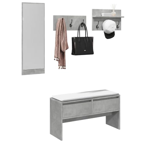 LVHUIDEH Garderoben-Set, 4er Set, Flurmöbel-Set(1 x Flurbank +1 x Spiegel + 2 x Garderobenleiste), 90 x 31 x 46.5 cm, Holzwerkstoff, Verzinktes Eisen, Acryl von LVHUIDEH