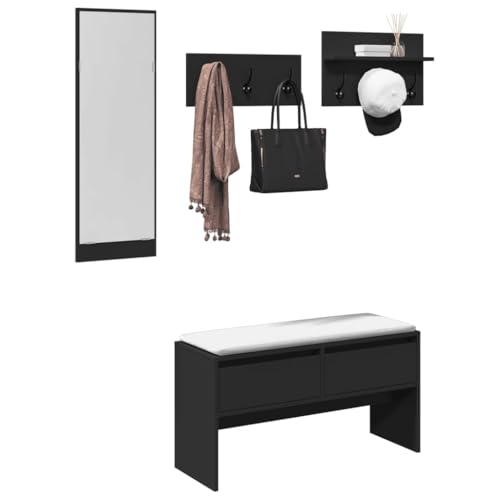 LVHUIDEH Garderoben-Set, 4er Set, Flurmöbel-Set(1 x Flurbank +1 x Spiegel + 2 x Garderobenleiste), 90 x 31 x 46.5 cm, Holzwerkstoff, Verzinktes Eisen, Acryl von LVHUIDEH