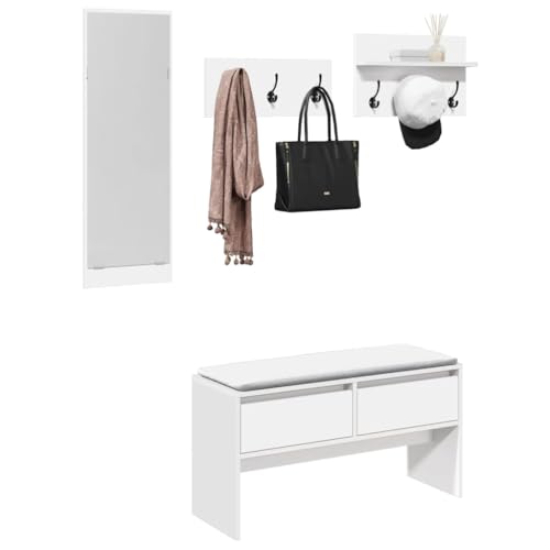 LVHUIDEH Garderoben-Set, 4er Set, Flurmöbel-Set(1 x Flurbank +1 x Spiegel + 2 x Garderobenleiste), 90 x 31 x 46.5 cm, Holzwerkstoff, Verzinktes Eisen, Acryl von LVHUIDEH