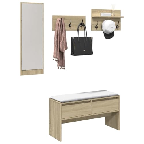 LVHUIDEH Garderoben-Set, 4er Set, Flurmöbel-Set(1 x Flurbank +1 x Spiegel + 2 x Garderobenleiste), 90 x 31 x 46.5 cm, Holzwerkstoff, Verzinktes Eisen, Acryl von LVHUIDEH