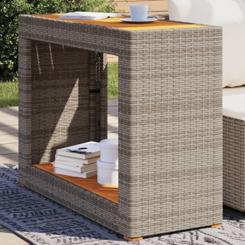 LVHUIDEH Garten-Beistelltisch mit Holzplatte Grau Poly Rattan von LVHUIDEH
