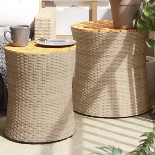 LVHUIDEH Garten-Beistelltische 2er Set mit Holzplatte Beige Poly Rattan von LVHUIDEH