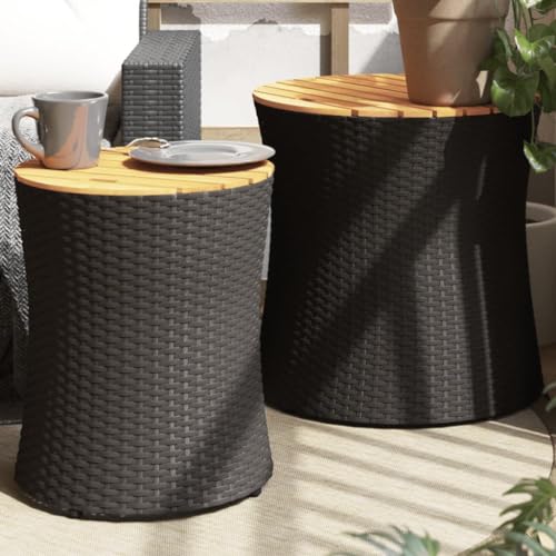 LVHUIDEH Garten-Beistelltische 2er Set mit Holzplatte Schwarz Poly Rattan von LVHUIDEH