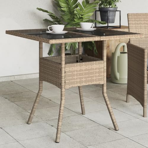 LVHUIDEH Gartentisch mit Glasplatte Beige 80x80x75 cm Poly Rattan von LVHUIDEH