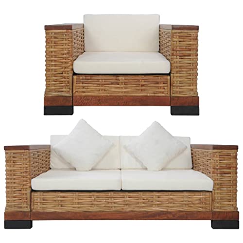 LVHUIDEH Moderne Rattansofa Set für Wohnzimmer Büro, Sofagarnitur(1-Sitzer + 2-Sitzer) mit Kissen, 2er Set, 155 x 78 x 66 cm, Natur Rattan + Stoffbezug + Holzrahmen von LVHUIDEH