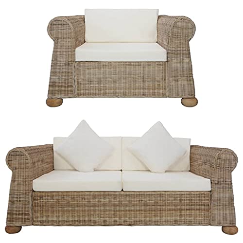 LVHUIDEH Moderne Rattansofa Set für Wohnzimmer Büro, Sofagarnitur(1-Sitzer + 2-Sitzer) mit Kissen, 2er Set, 155 x 78 x 67 cm, Natur Rattan + Stoffbezug + Holzrahmen von LVHUIDEH