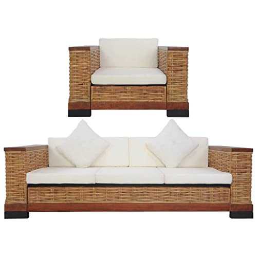 LVHUIDEH Moderne Rattansofa Set für Wohnzimmer Büro, Sofagarnitur(1-Sitzer + 3-Sitzer) mit Kissen, 2er Set, 191 x 78 x 66 cm, Natur Rattan + Stoffbezug + Holzrahmen von LVHUIDEH
