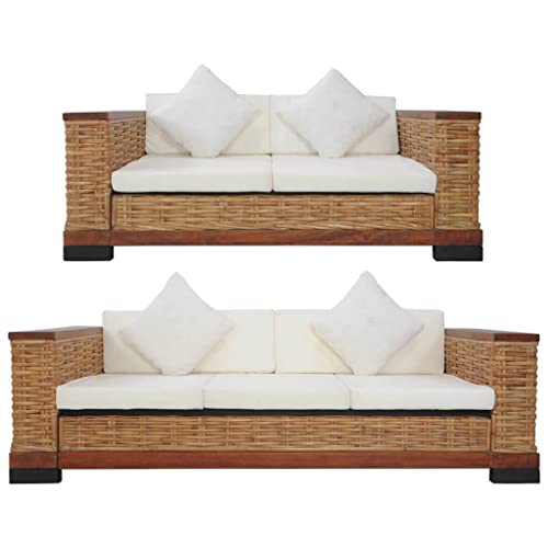LVHUIDEH Moderne Rattansofa Set für Wohnzimmer Büro, Sofagarnitur(2-Sitzer + 3-Sitzer) mit Kissen, 2er Set, 191 x 78 x 66 cm, Natur Rattan + Stoffbezug + Holzrahmen von LVHUIDEH
