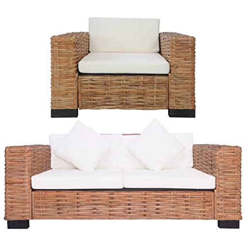 LVHUIDEH Moderne Sofa Set für Wohnzimmer Büro, Sofagarnitur(1-Sitzer + 2-Sitzer) mit Auflagen, 2er Set, 157 x 80 x 67 cm, Natur-Rattan + Mangoholz von LVHUIDEH