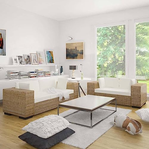 LVHUIDEH Moderne Sofa Set für Wohnzimmer Büro, Sofagarnitur(2-Sitzer+3-Sitzer) mit Kissen, 200 x 80 x 61 cm, Echtes Rattan + Holz von LVHUIDEH