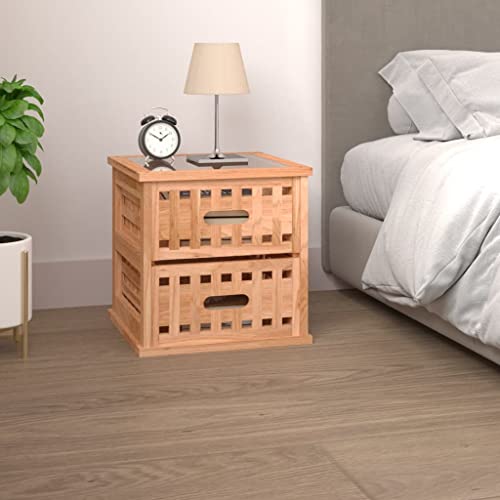 LVHUIDEH Nachttisch mit 2 Schubladen, Beistelltisch, kompakte Nachtschrank, Telefontisch, Nachtkonsole für Schlafzimmer Wohnzimmer, 34 x 34 x 34 cm, Massivholz Nussbaum + Glas von LVHUIDEH