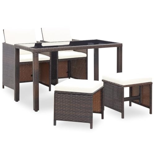 LVHUIDEH Rattan Garten-Essgruppe mit Auflagen, Gartenmöbel Set(1 x Tisch 2 x Stühle 2 x Hocker), Sitzgruppe Wetterfest, Terassenmöbel für Garten Terrasse Balkon, 5er Set, 123 x 60 x 74 cm von LVHUIDEH