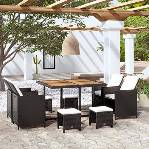LVHUIDEH Rattan Garten-Essgruppe mit Auflagen, Gartenmöbel Set(1 x Tisch 4 x Stühle 4 x Hocker), Sitzgruppe Wetterfest, Terassenmöbel für Garten Terrasse Balkon, 9er Set, 109 x 109 x 74 cm von LVHUIDEH