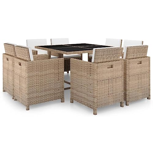 LVHUIDEH Rattan Garten-Essgruppe mit Auflagen, Gartenmöbel Set(1 x Tisch 8 x Stühle), Sitzgruppe, Wetterfest, Terassenmöbel, 9er Set, 109 x 109 x 74 cm, Stahlrahmen & PE-Rattan & Glas-Tischplatte von LVHUIDEH