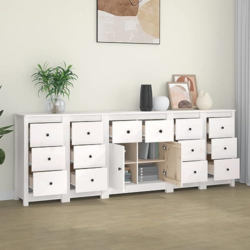 LVHUIDEH Sideboard, Beistellschrank, Aufbewahrungsschrank, Buffetschrank für Wohnzimmer Esszimmer Flur, Langlebig und Robust, Weiß, 230x35x80 cm, Massivholz Kiefer von LVHUIDEH