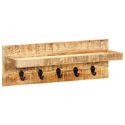 LVHUIDEH Wandgarderobe, Garderobe mit 5 Haken und 1 Ablage, Kleiderhaken für Schlafzimmer Flur Umkleideraum, Garderobenständer, 61 x 15 x 20 cm, Raues Mango-Massivholz von LVHUIDEH