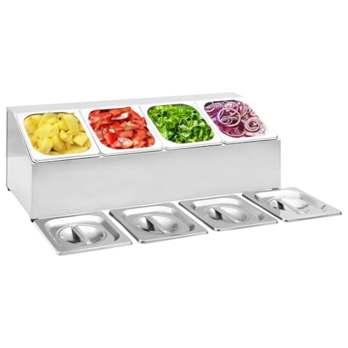 LVHUIDEH Zutatenbehälter mit 4 GN 1/6 Behältern, Salatbehälter aus Edelstahl, Beilagenbehälter für Aufbewahren und Servieren Zutaten Gerichten Früchten Saucen, 66 x 22.5 x 21.5 cm von LVHUIDEH