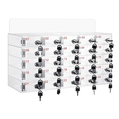 LVRUIEDS Handyaufbewahrung, Persönliche Aufbewahrungsbox Mit 12/15/20/25/30/40 Steckplätzen, Transparentes Handyschließfach Mit Schloss, Desktop-Handy-Aufbewahrungsschrank (Acrylic, 25 Slots) von LVRUIEDS