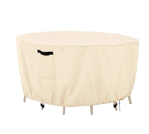 LVSELINGI Abdeckung for runde Tische im Freien, wasserdicht, Oxford 420D, schweres Gartenmöbel-Stuhl-Set, Staubschutzhüllen, Korbgeflecht, Schutz for Terrasse, Regen, Schnee(Beige,280x110cm) von LVSELINGI