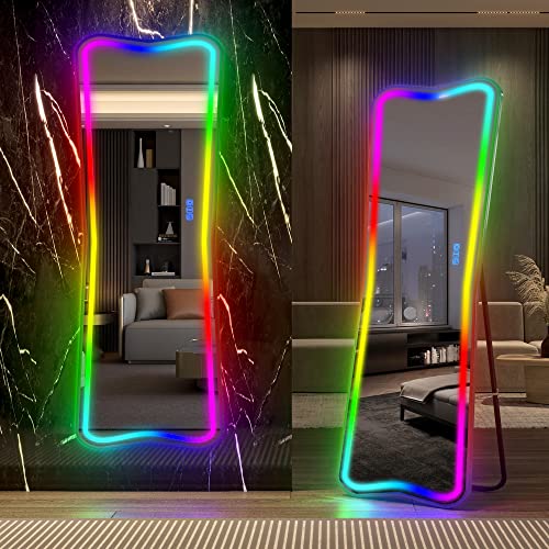 LVSOMT 150×50CM Ganzkörperspiegel mit Beleuchtung RGB，LED-Bodenspiegel in voller Länge, freistehender Körperspiegel, großer Schminkspiegel, großer Spiegel für Schlafzimmer, Umkleideraum, Schwarz von LVSOMT