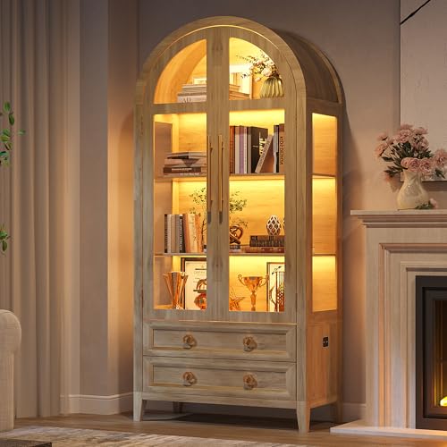 LVSOMT Gewölbte Glasvitrine mit LED Beleuchtung, 180cm Vitrinenschrank mit Glastüren, Bogen Vitrine mit 4 Display Regale und 2 Schubladen, 3 Farbe Licht, Vitrine Glas Holz Wohnzimmer Flur, Holz LVSOMT Gewölbte Glasvitrine mit LED Beleuchtung, 180cm Vitrinenschrank mit Glastüren, Bogen Vitrine mit 4 Display Regale und 2 Schubladen, 3 Farbe Licht, Vitrine Glas Holz Wohnzimmer Flur, Holz von LVSOMT