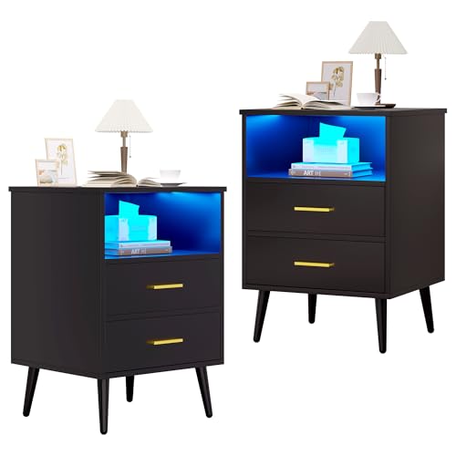 LVSOMT LED Nachttisch 2er Set Schwarz, Nachttisch mit Ladefunktion und Licht, Modern Nachttische boxspringbett Schlafzimmer, Hoch Nachtschrank mit 2 Schubladen, USB Type-C Anschluss, 3 Farben Licht LVSOMT LED Nachttisch 2er Set Schwarz, Nachttisch mit Ladefunktion und Licht, Modern Nachttische boxspringbett Schlafzimmer, Hoch Nachtschrank mit 2 Schubladen, USB Type-C Anschluss, 3 Farben Licht von LVSOMT