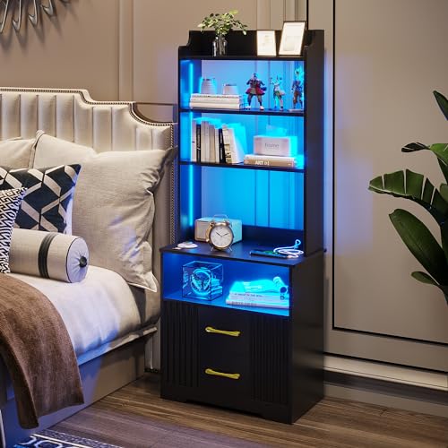 LVSOMT LED Nachttisch mit Bücherregalen, Nachttische mit Steckdose und Ladefunktion, Modern Nachtschrank Holz mit 2 Schubladen, 3 LED-Licht, Für Schlafzimmer Wohnzimmer, Schwarz LVSOMT LED Nachttisch mit Bücherregalen, Nachttische mit Steckdose und Ladefunktion, Modern Nachtschrank Holz mit 2 Schubladen, 3 LED-Licht, Für Schlafzimmer Wohnzimmer, Schwarz von LVSOMT