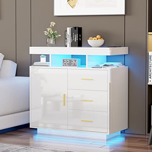 LVSOMT LED Sideboard mit Ladefunktion, Kommode mit 3 Schubladen und 1 Türen, Buffetschrank mit 3 Farben Licht, Kommode für Schlafzimmer Wohnzimmer Flur, Modern Schubladenschrank Holz, Weiß Hochglanz von LVSOMT